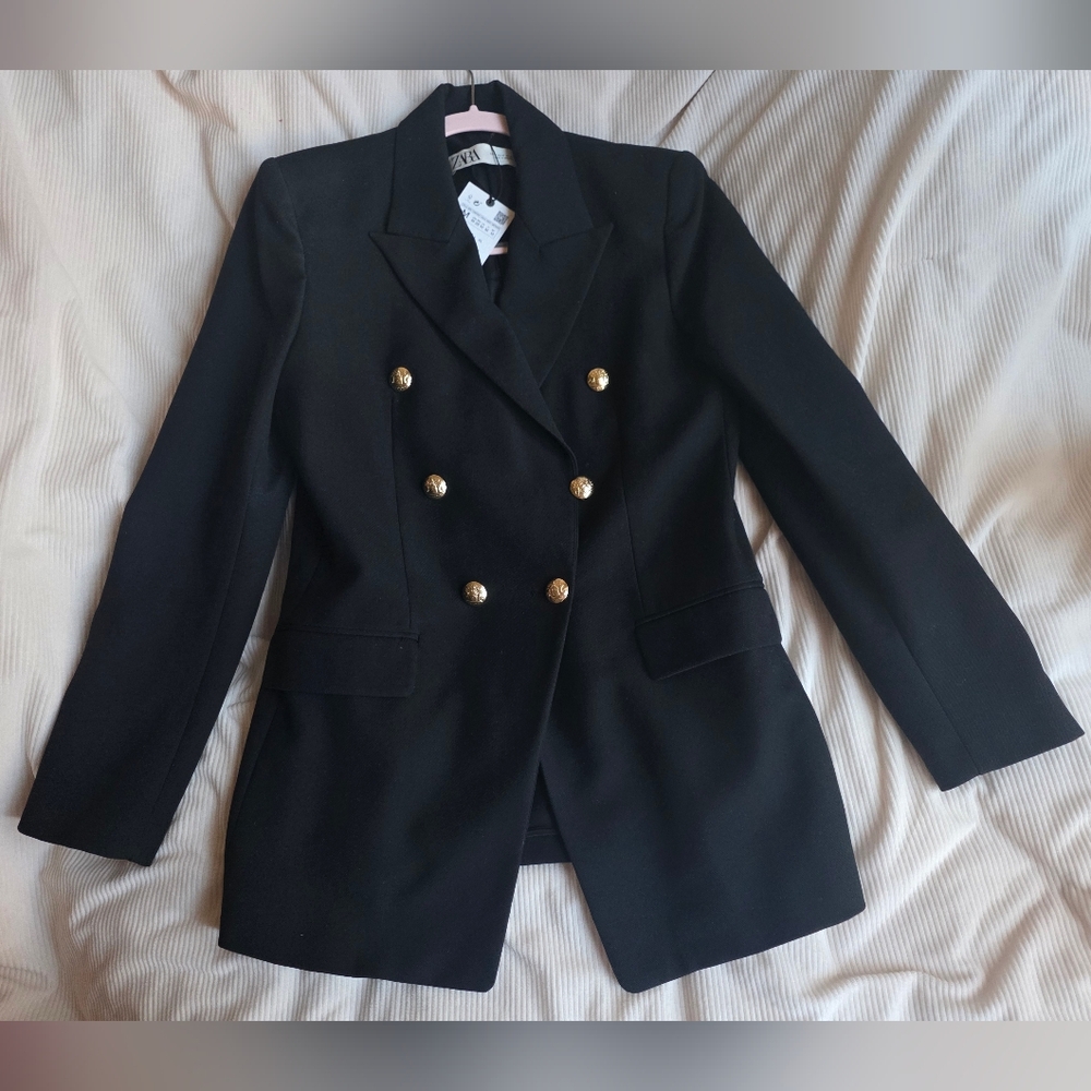 Zara Double Breasted Jacket Blazer Golden Buttons Zw Collection Black Sz M Nwt - Picture 2 of 10